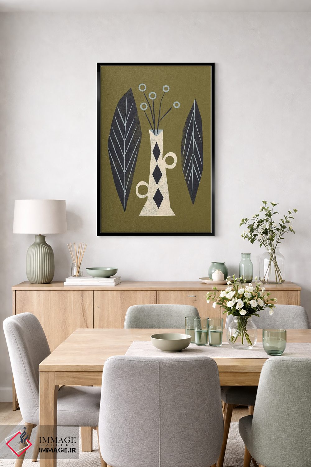 تابلو مینیمال گلدان و برگ ها اثر رنیا ال. تول - D6B