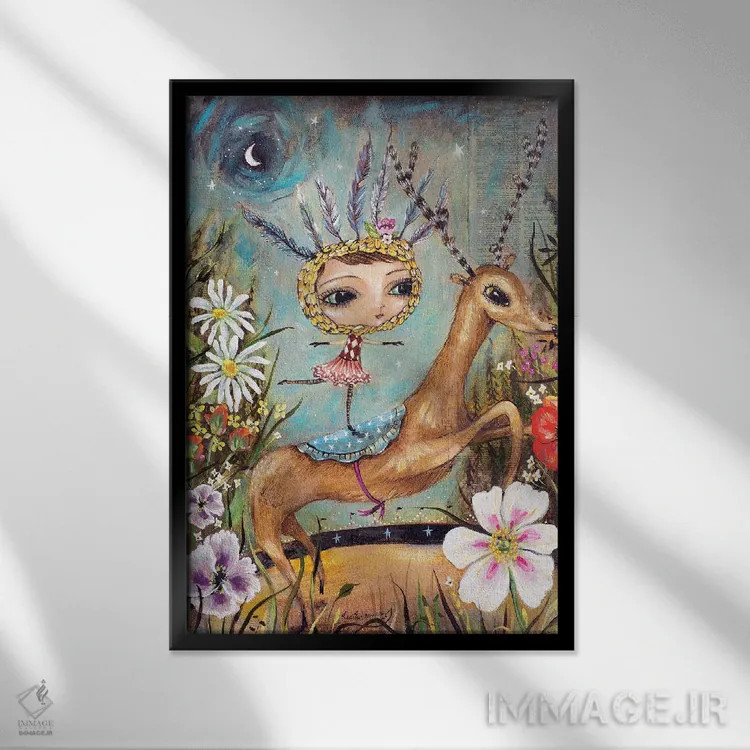 تابلو دکوراتیو گوزن سورتمه سیرک اثر هدر رنو - نمای قابدار مشکی