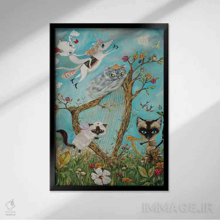 تابلو دکوراتیو غزل سرایی گربه سانان اثر هدر رنو - نمای قابدار مشکی