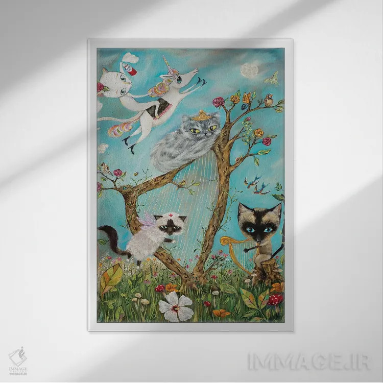 تابلو دکوراتیو غزل سرایی گربه سانان اثر هدر رنو - نمای قابدار سفید