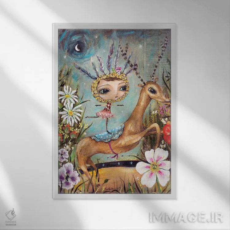 تابلو دکوراتیو گوزن سورتمه سیرک اثر هدر رنو - نمای قابدار سفید