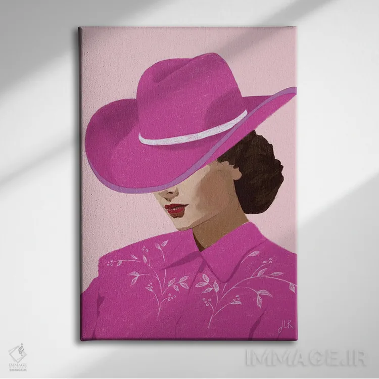 تابلو مینیمال دختر گاوچران صورتی اثر جنی روم - نمای روبهرو روی دیوار