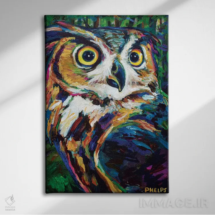 تابلو دکوراتیو جغد شاخ دار بزرگ اثر رابرت فلپس - نمای روبهرو روی دیوار