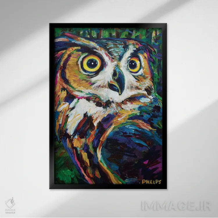 تابلو دکوراتیو جغد شاخ دار بزرگ اثر رابرت فلپس - نمای قابدار مشکی