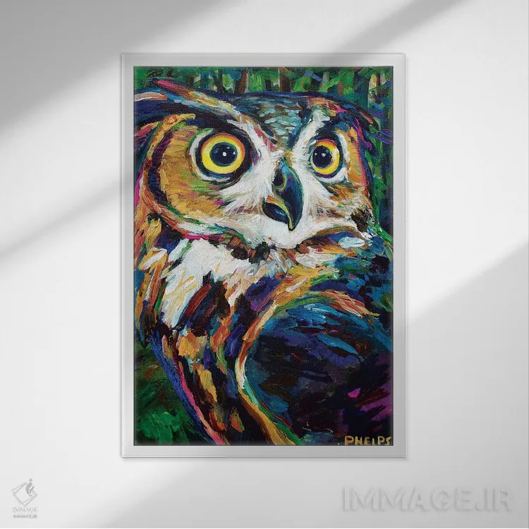 تابلو دکوراتیو جغد شاخ دار بزرگ اثر رابرت فلپس - نمای قابدار سفید