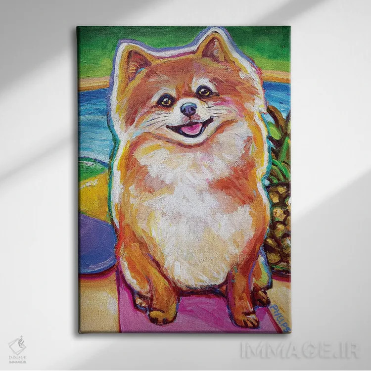 تابلو دکوراتیو توله پامرانین کنار استخر اثر رابرت فلپس - نمای روبهرو روی دیوار