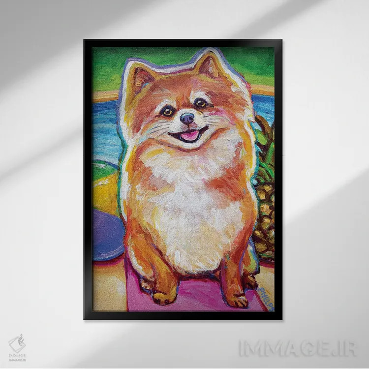 تابلو دکوراتیو توله پامرانین کنار استخر اثر رابرت فلپس - نمای قابدار مشکی