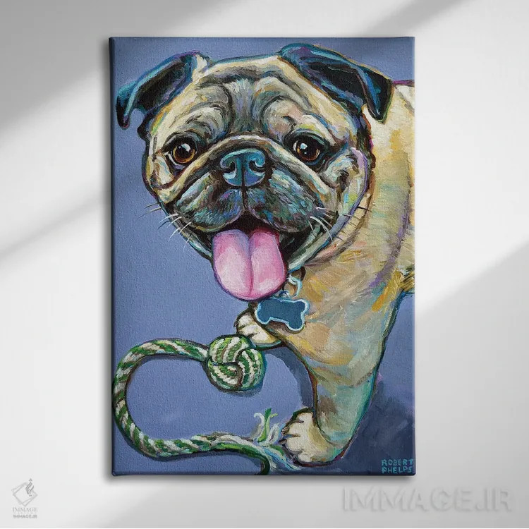 تابلو دکوراتیو پاگ خوشحال با اسباب بازی اثر رابرت فلپس - نمای روبهرو روی دیوار