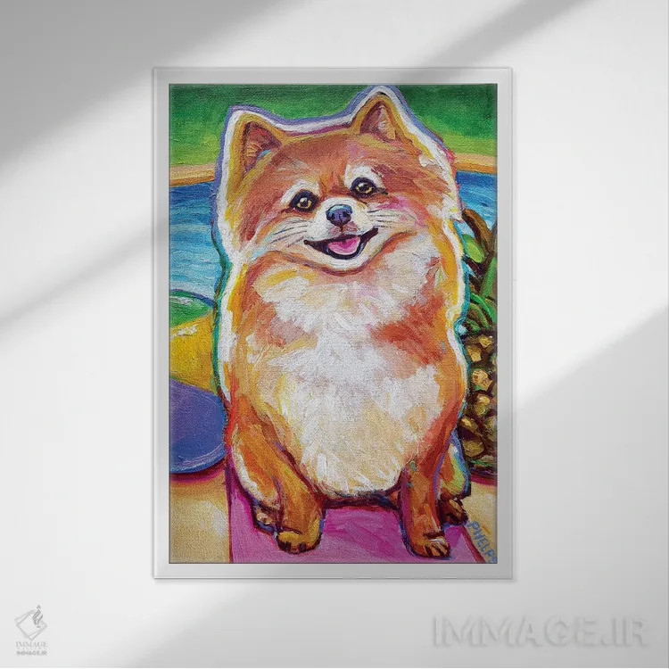 تابلو دکوراتیو توله پامرانین کنار استخر اثر رابرت فلپس - نمای قابدار سفید