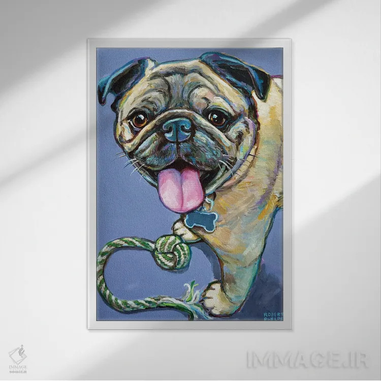 تابلو دکوراتیو پاگ خوشحال با اسباب بازی اثر رابرت فلپس - نمای قابدار سفید