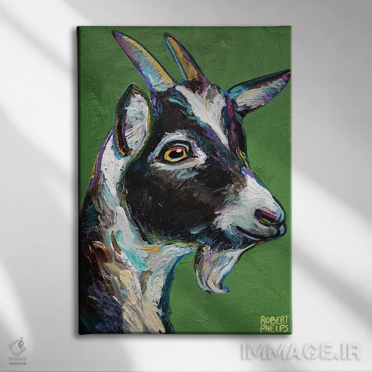 تابلو دکوراتیو بزغاله روی زمینه سبز اثر رابرت فلپس - نمای روبهرو روی دیوار