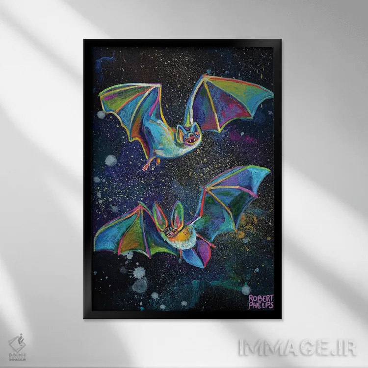 تابلو دکوراتیو خفاش ها و آسمان شب اثر رابرت فلپس - نمای قابدار مشکی