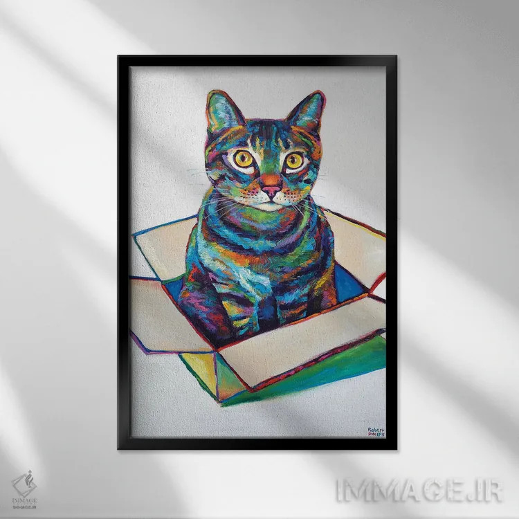 تابلو دکوراتیو گربه در جعبه اثر رابرت فلپس - نمای قابدار مشکی