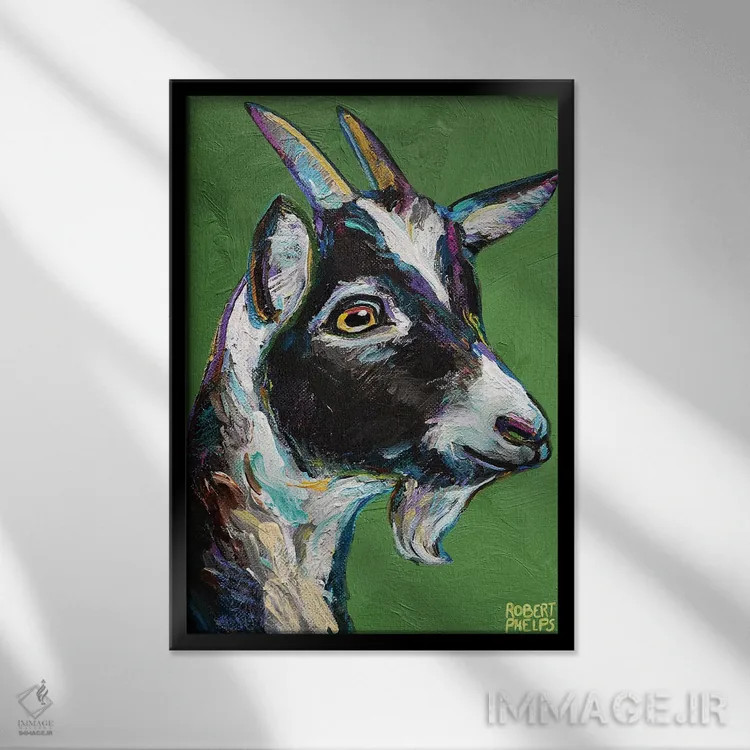 تابلو دکوراتیو بزغاله روی زمینه سبز اثر رابرت فلپس - نمای قابدار مشکی