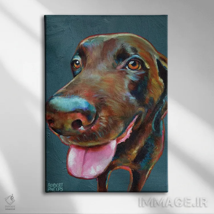 تابلو دکوراتیو لابرادور شکلاتی روی آبی اثر رابرت فلپس - نمای روبهرو روی دیوار