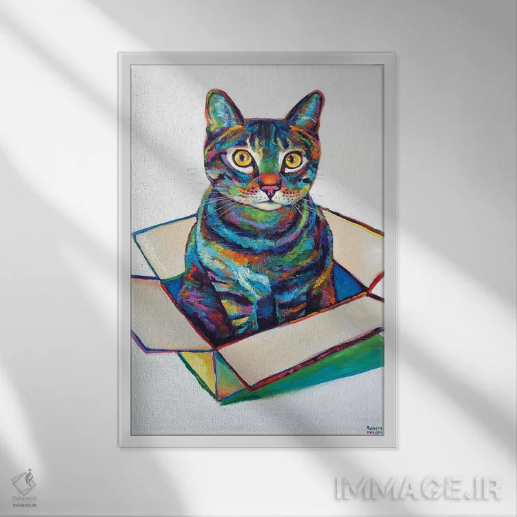 تابلو دکوراتیو گربه در جعبه اثر رابرت فلپس - نمای قابدار سفید