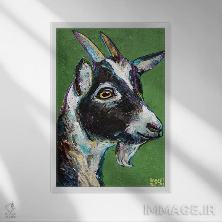 تابلو دکوراتیو بزغاله روی زمینه سبز اثر رابرت فلپس - نمای قابدار سفید