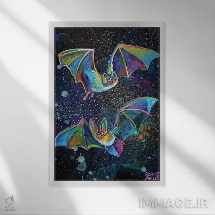 تابلو دکوراتیو خفاش ها و آسمان شب اثر رابرت فلپس - نمای قابدار سفید