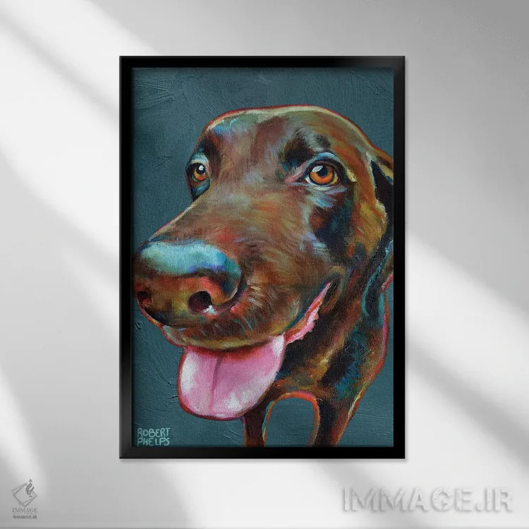 تابلو دکوراتیو لابرادور شکلاتی روی آبی اثر رابرت فلپس - نمای قابدار مشکی