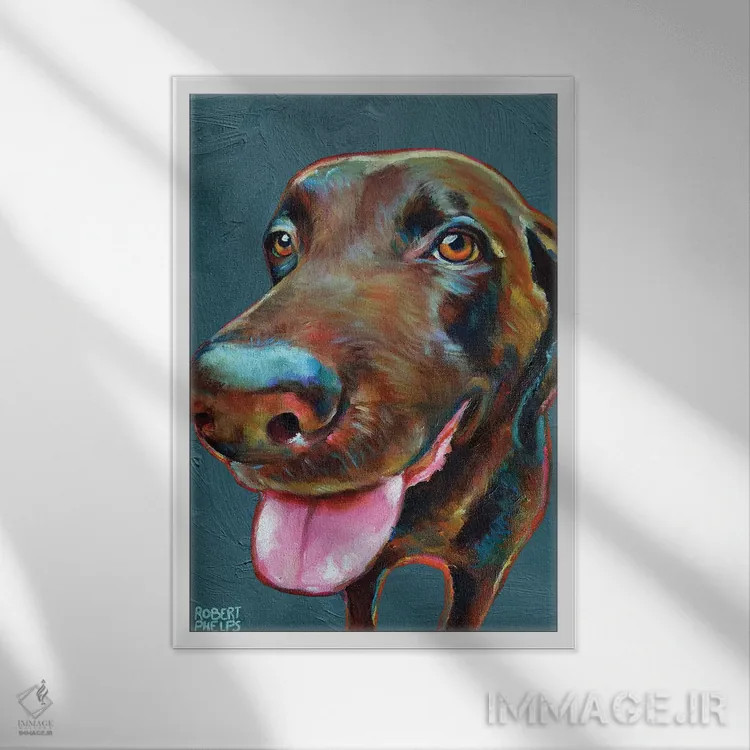 تابلو دکوراتیو لابرادور شکلاتی روی آبی اثر رابرت فلپس - نمای قابدار سفید