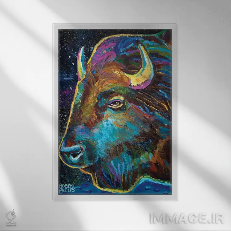 تابلو دکوراتیو گاومیش کهکشانی اثر رابرت فلپس - نمای قابدار سفید