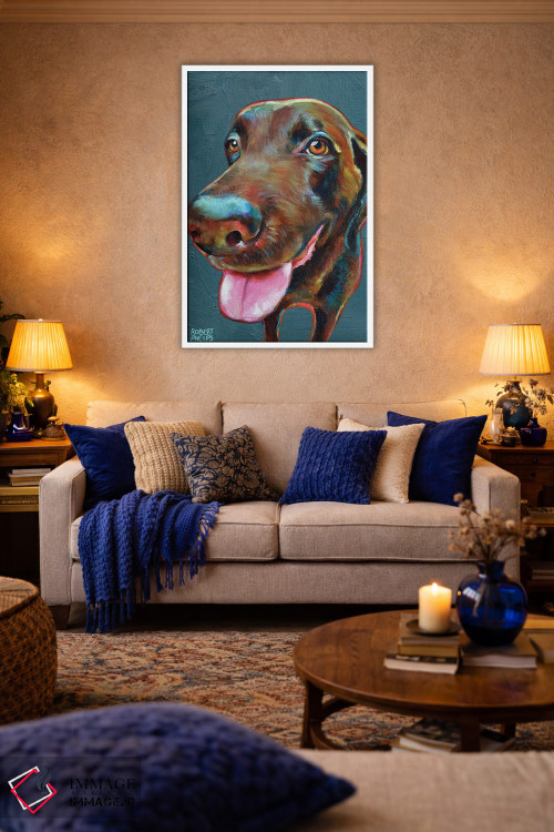 تابلو دکوراتیو لابرادور شکلاتی روی آبی اثر رابرت فلپس - D2W