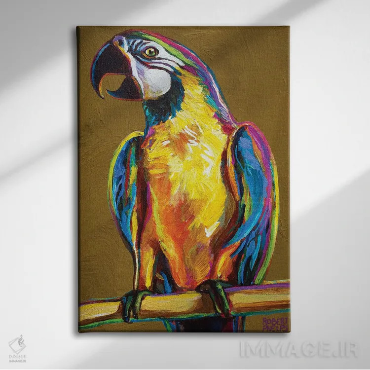 تابلو دکوراتیو طوطی روی طلایی اثر رابرت فلپس - نمای روبهرو روی دیوار