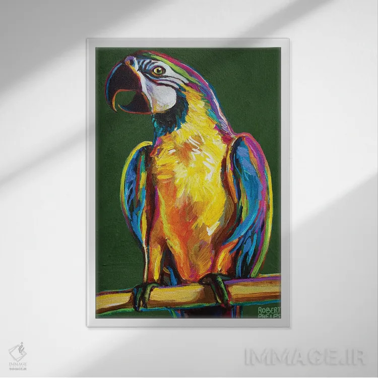 تابلو دکوراتیو طوطی روی سبز اثر رابرت فلپس - نمای قابدار سفید