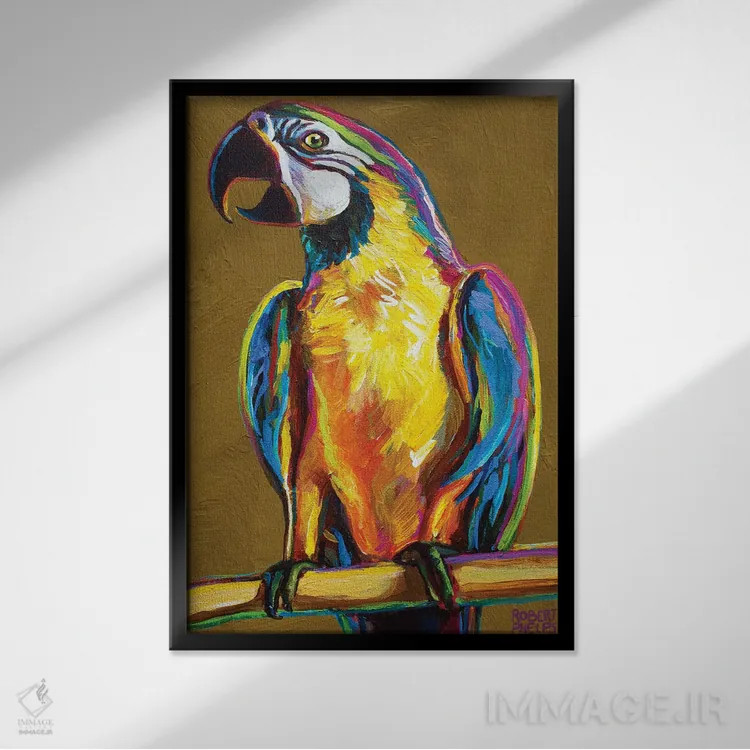 تابلو دکوراتیو طوطی روی طلایی اثر رابرت فلپس - نمای قابدار مشکی