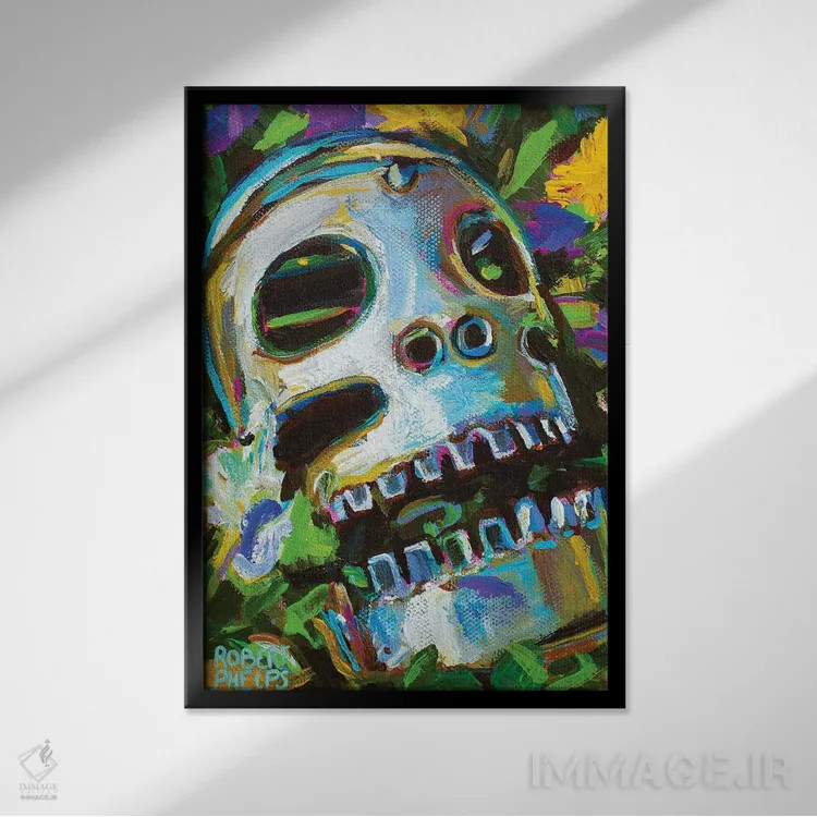 تابلو دکوراتیو جمجمه گل دار ۲ اثر رابرت فلپس - نمای قابدار مشکی