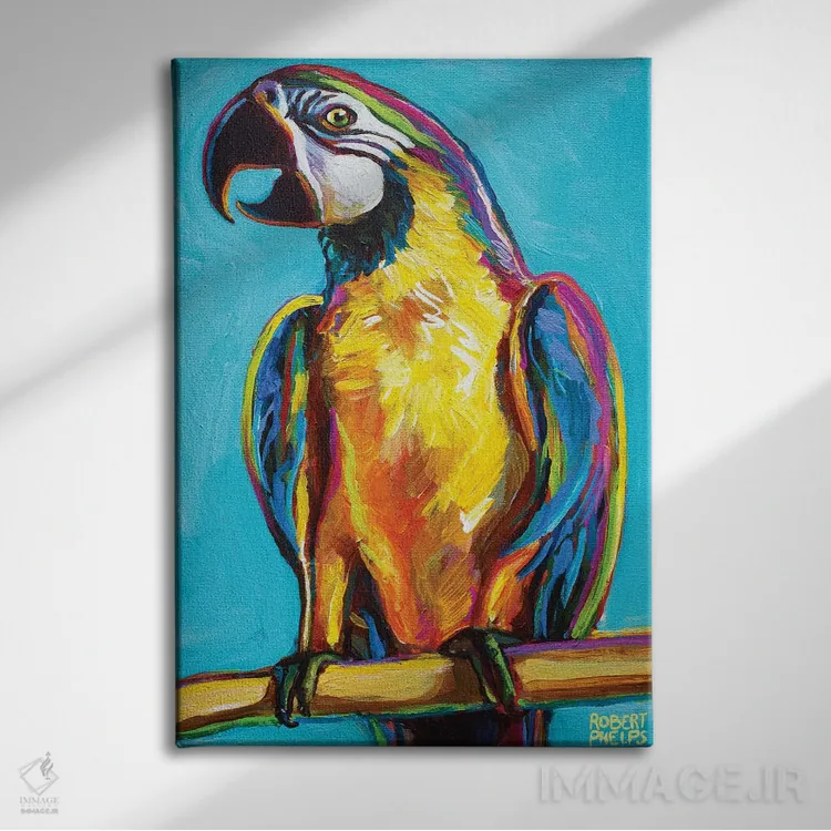 تابلو دکوراتیو طوطی روی پس زمینه آبی اثر رابرت فلپس - نمای روبهرو روی دیوار