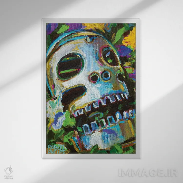 تابلو دکوراتیو جمجمه گل دار ۲ اثر رابرت فلپس - نمای قابدار سفید