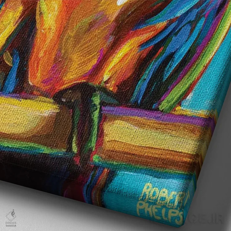 تابلو دکوراتیو طوطی روی پس زمینه آبی اثر رابرت فلپس - نمای نزدیک بافت بوم