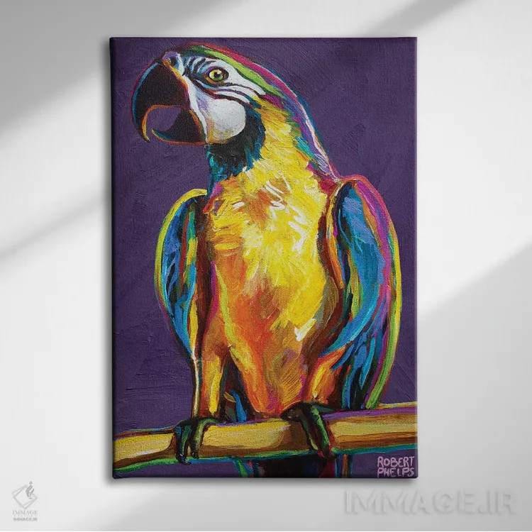 تابلو دکوراتیو طوطی روی بنفش اثر رابرت فلپس - نمای روبهرو روی دیوار