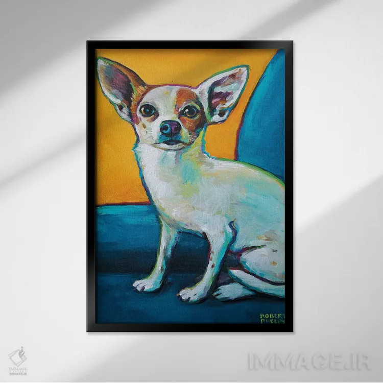 تابلو دکوراتیو چیهواهوآ روی صندلی اثر رابرت فلپس - نمای قابدار مشکی