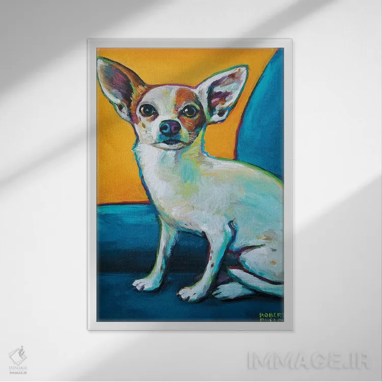 تابلو دکوراتیو چیهواهوآ روی صندلی اثر رابرت فلپس - نمای قابدار سفید