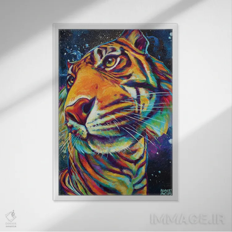 تابلو دکوراتیو ببر کهکشانی اثر رابرت فلپس - نمای قابدار سفید