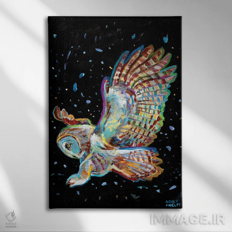 تابلو دکوراتیو جغد خاکستری اثر رابرت فلپس - نمای روبهرو روی دیوار