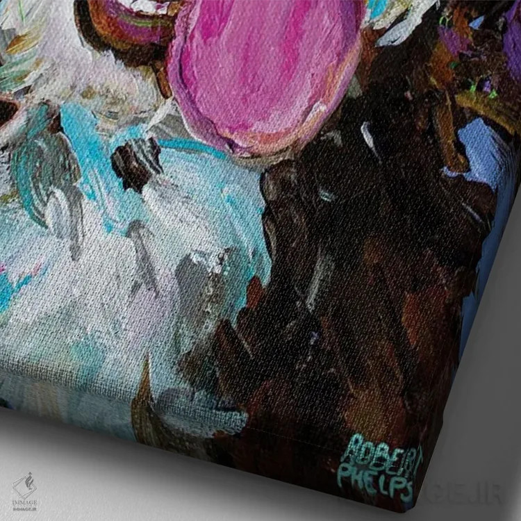 تابلو دکوراتیو آسی دودل روی پس زمینه آبی اثر رابرت فلپس - نمای نزدیک بافت بوم