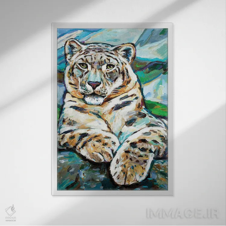 تابلو دکوراتیو پلنگ برفی ۱ اثر رابرت فلپس - نمای قابدار سفید