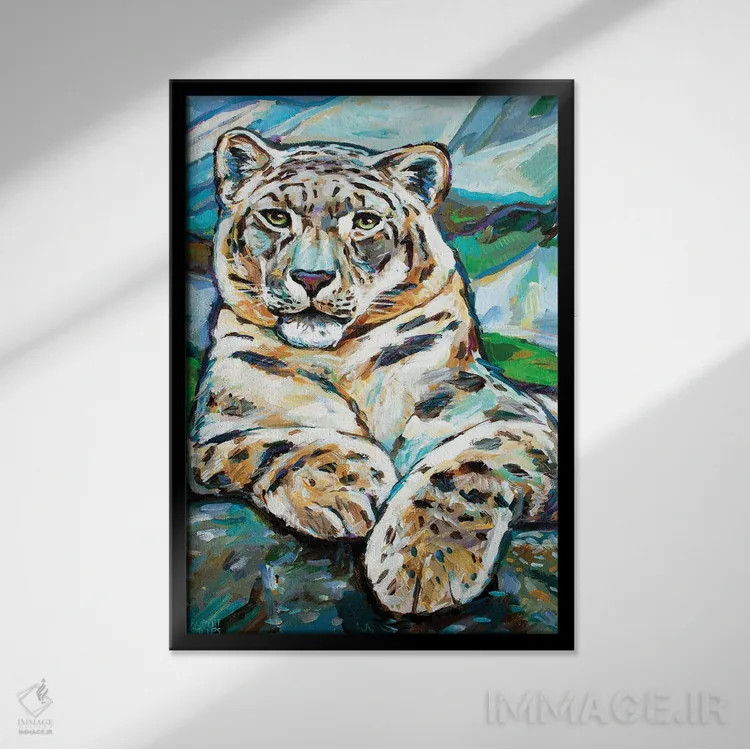 تابلو دکوراتیو پلنگ برفی ۱ اثر رابرت فلپس - نمای قابدار مشکی