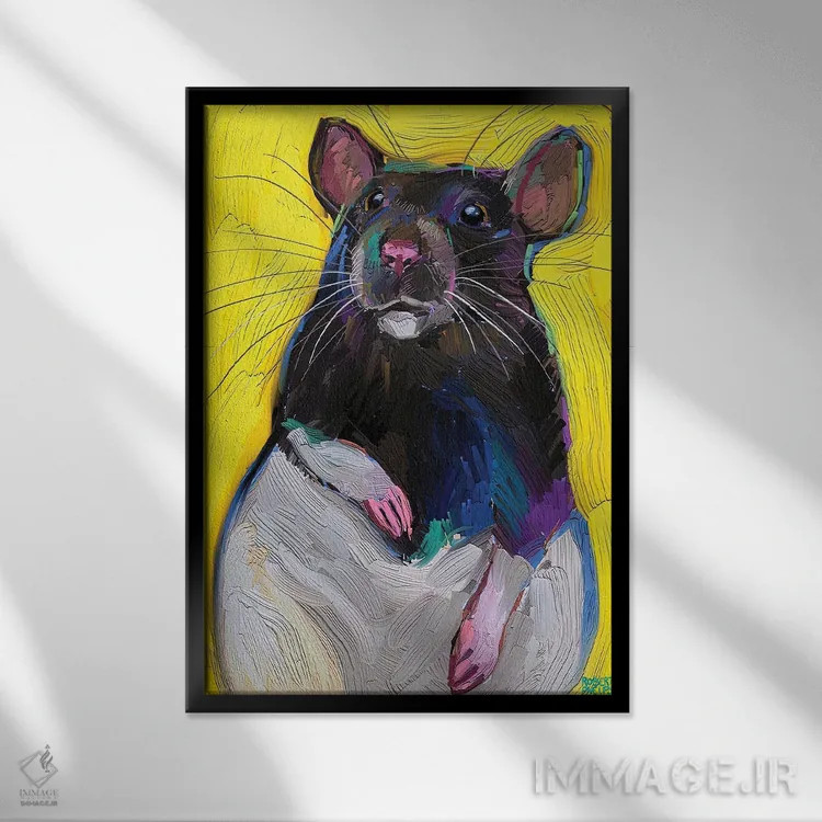 تابلو دکوراتیو موش بامزه روی زمینه زرد اثر رابرت فلپس - نمای قابدار مشکی