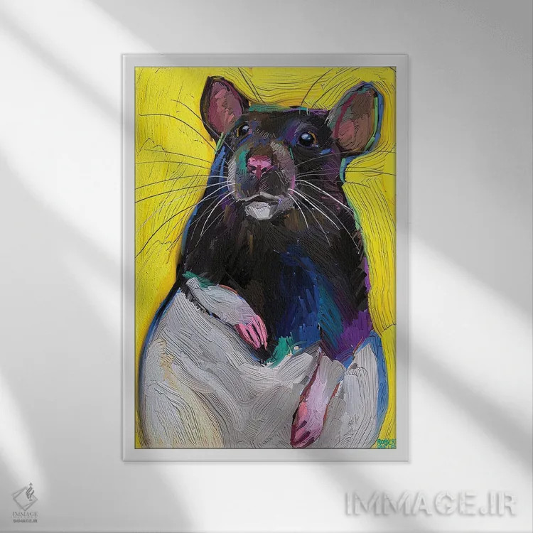 تابلو دکوراتیو موش بامزه روی زمینه زرد اثر رابرت فلپس - نمای قابدار سفید