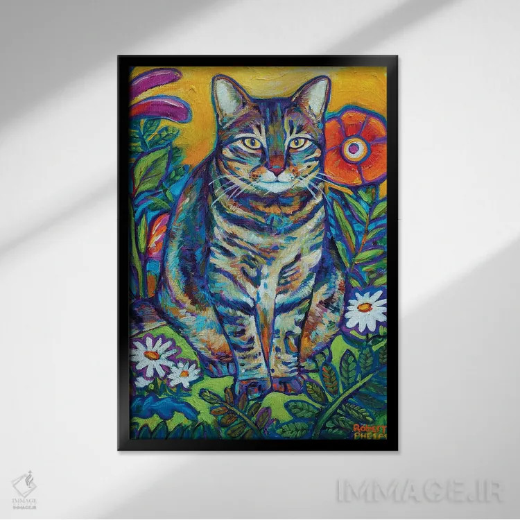 تابلو دکوراتیو گربه باغی اثر رابرت فلپس - نمای قابدار مشکی