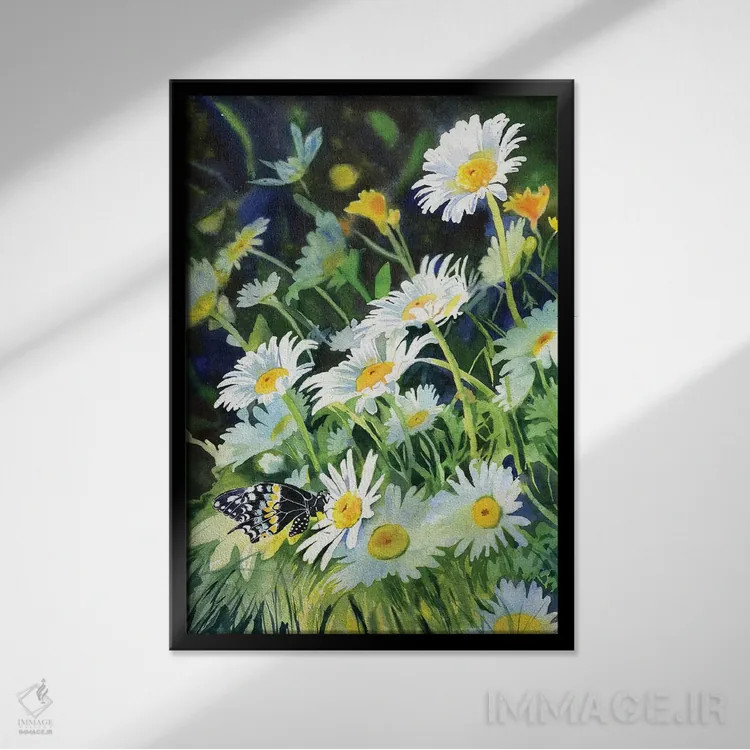 تابلو دکوراتیو گل داوودی و پروانه اثر ریچل پارکر - نمای قابدار مشکی