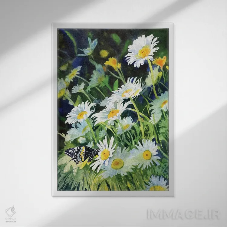 تابلو دکوراتیو گل داوودی و پروانه اثر ریچل پارکر - نمای قابدار سفید