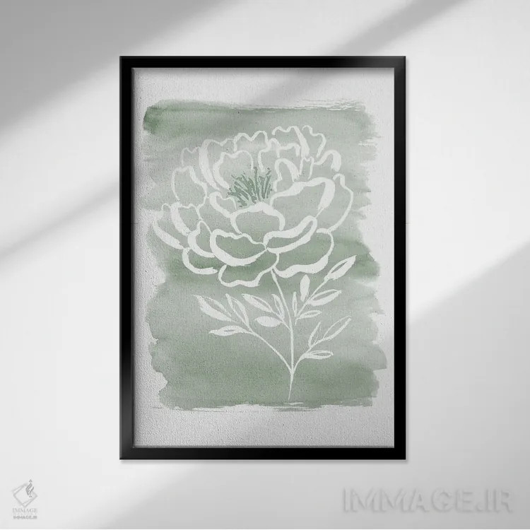 تابلو مینیمال گل صدتومانی و سبز مریم اثر سارا برنسون - نمای قابدار مشکی