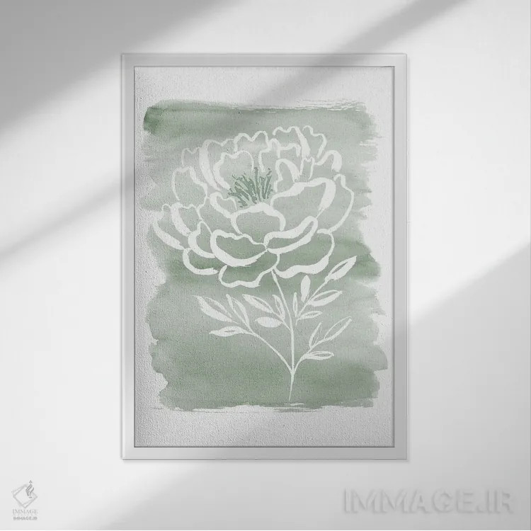 تابلو مینیمال گل صدتومانی و سبز مریم اثر سارا برنسون - نمای قابدار سفید