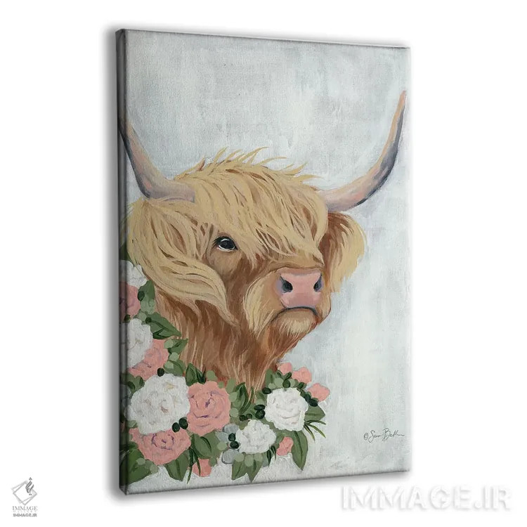تابلو دکوراتیو گاو کوهستانی گلداری اثر سارا بیکر - نمای پرسپکتیو محصول