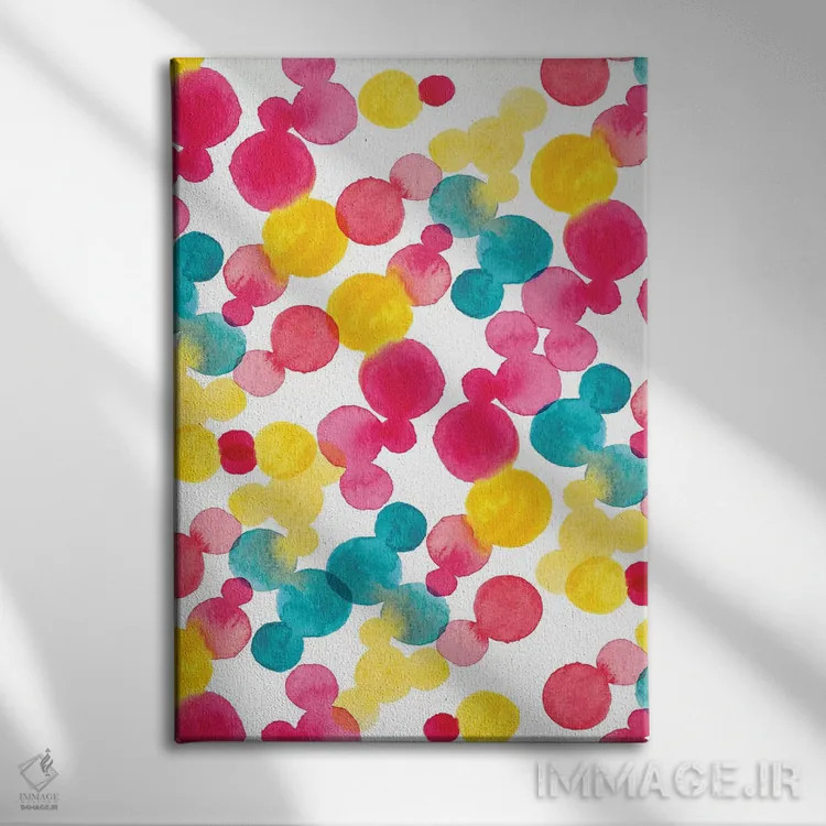 تابلو انتزاعی نقاط آبرنگی اثر سارا برنسون - نمای روبهرو روی دیوار